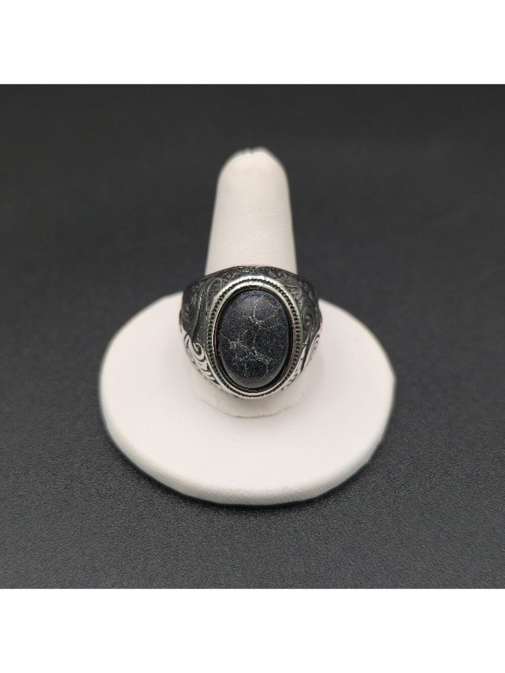 Size 10.5 Stainless Steel Black Onyx Matrix Stone Band Ring A7720